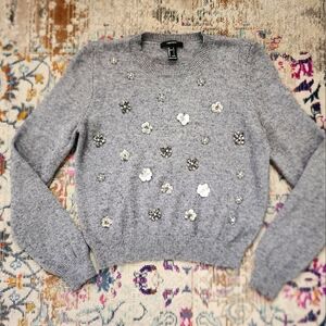 Forever 21, Women's Gray & Silver Sequin Long Sleeve Pullover Sweater, sz LG